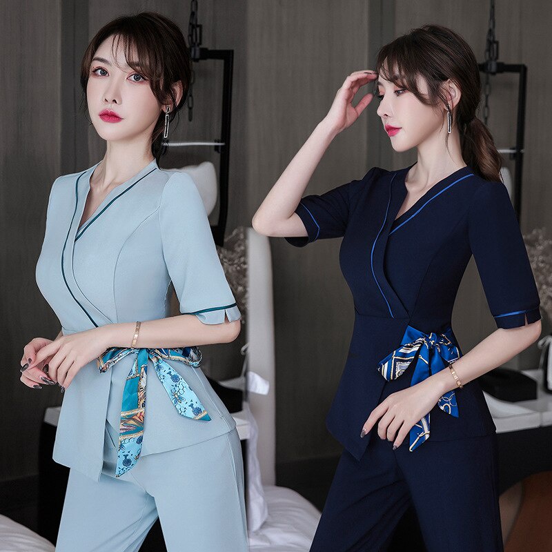 Women's Jacket and Pants Suit 2pcs/set Korean Style Uniform V-neck