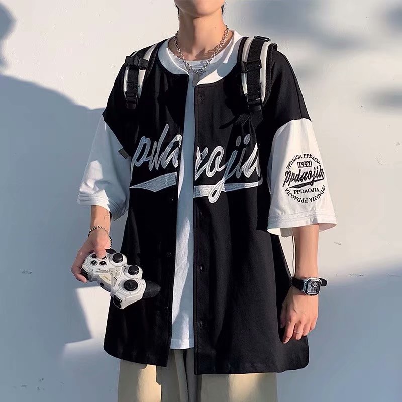 Summer Casual Three Quarter Sleeve Shirt Thin Baseball Jacket Men Women Couple Embroidery Letters High Street Preppy Style Loose Short Sleeve Shopee Malaysia