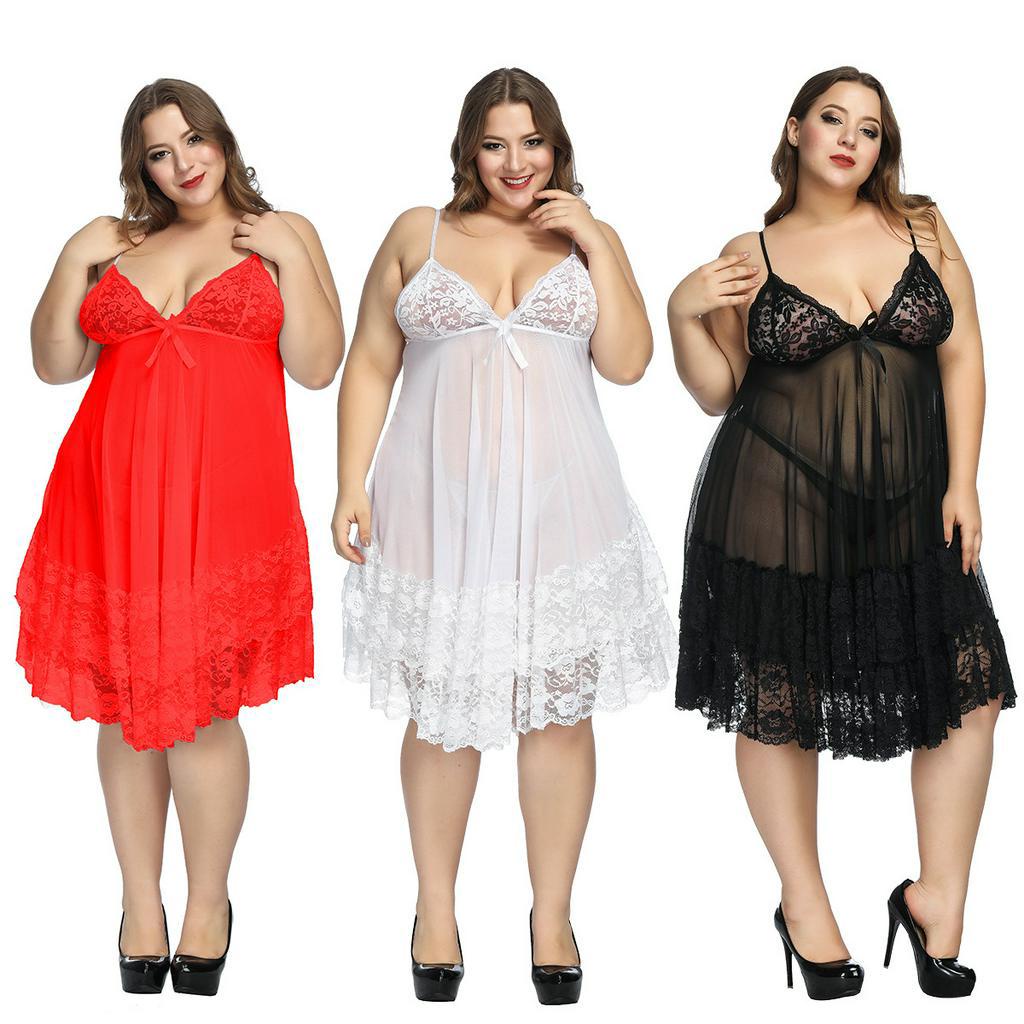 Sexy Lingerie Plus Size Women Sexy Lingerie Lace Transparent Underwear Sex  Babydoll Dress Sexy Costumes Sleepwear (White XL)