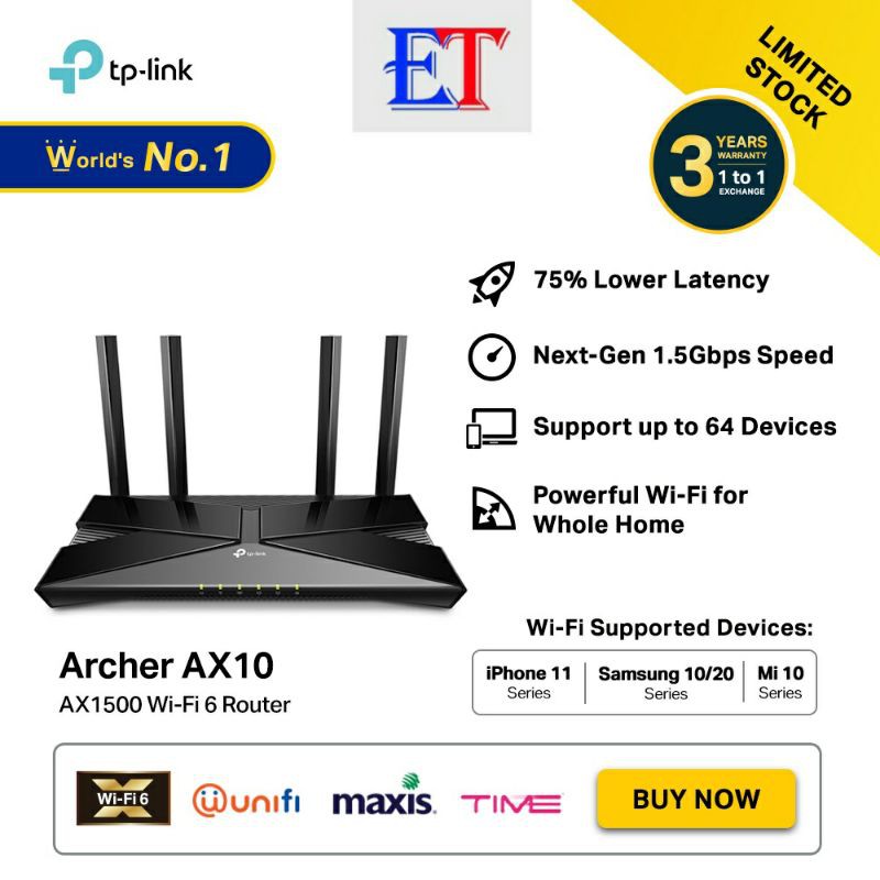 TP-Link : AX1500 WI-FI 6 ROUTER 1201MBPS AT 5GHZ+300MBPS AT 2.4G