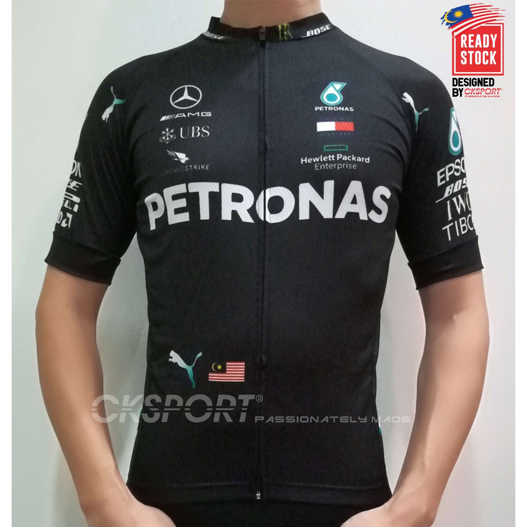 F1 team black short sleeve cycling jersey with cool tech polyester