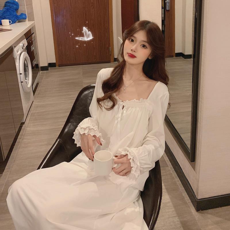 Women Nightwear Korean Style Long Sleeve Princess White Lace