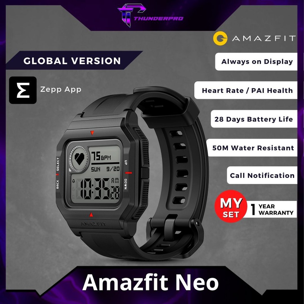  Amazfit Neo Fitness Retro Smartwatch with Real-Time Workout  Tracking, Heart Rate and Sleep Monitoring, 28-Day Battery Life, Smart  Notifications, 1.2 Always-On Display, Water Resistant, Green : Electronics