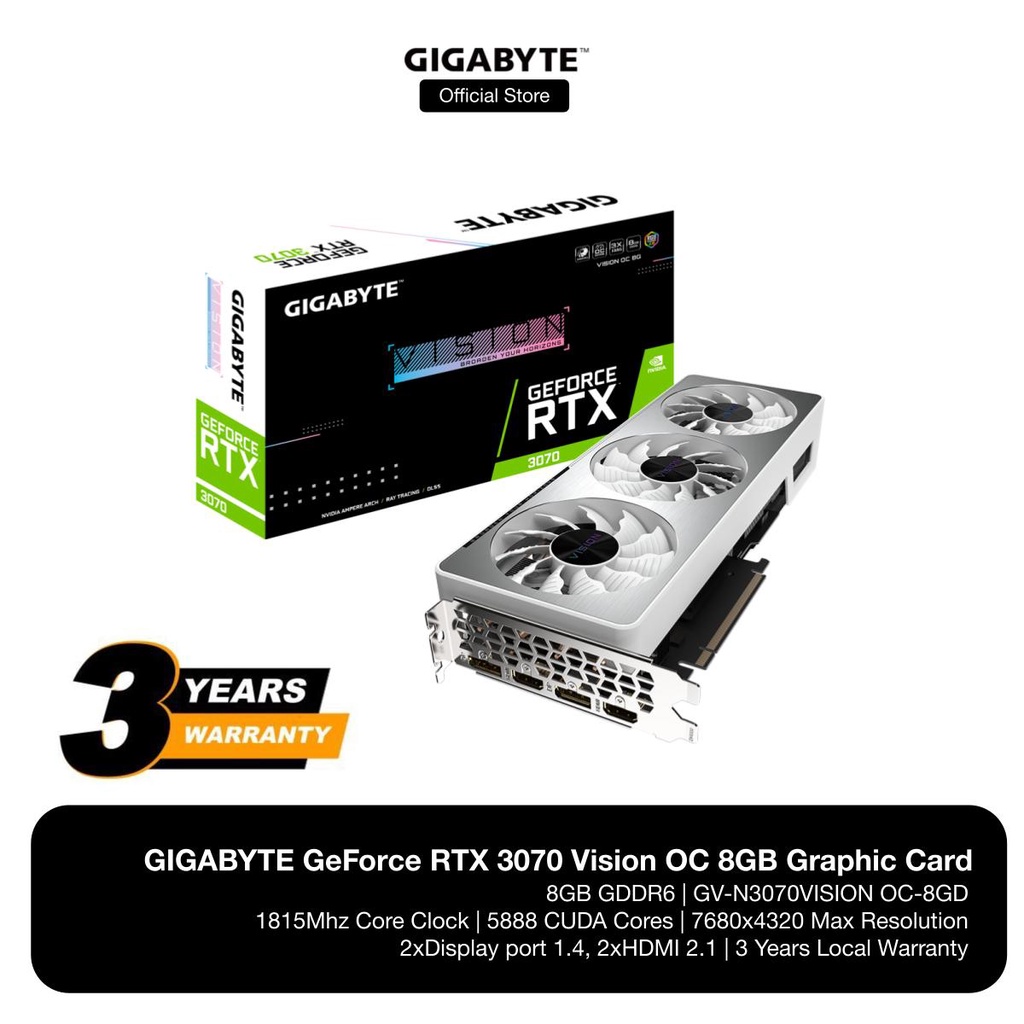 GIGABYTE GeForce RTX 3070 Vision OC 8G Graphics Card, 3X WINDFORCE Fans,  8GB 256-Bit GDDR6, GV-N3070VISION OC-8GD Video Card