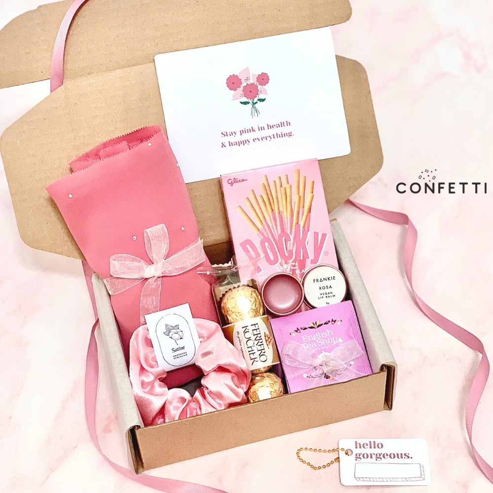 CONFETTI “Manis” Surprise Gift Box For Her - Eyelash Chiffon Tudung Bawal,  Scrunchie, Lip Balm, Tea, Ferrero Rocher