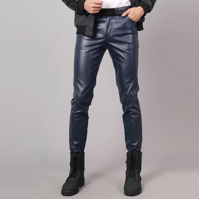 Men's Casual Slim Fit Genuine Leather Black Shiny Pants Punk Leather Mens  Trousers Pant
