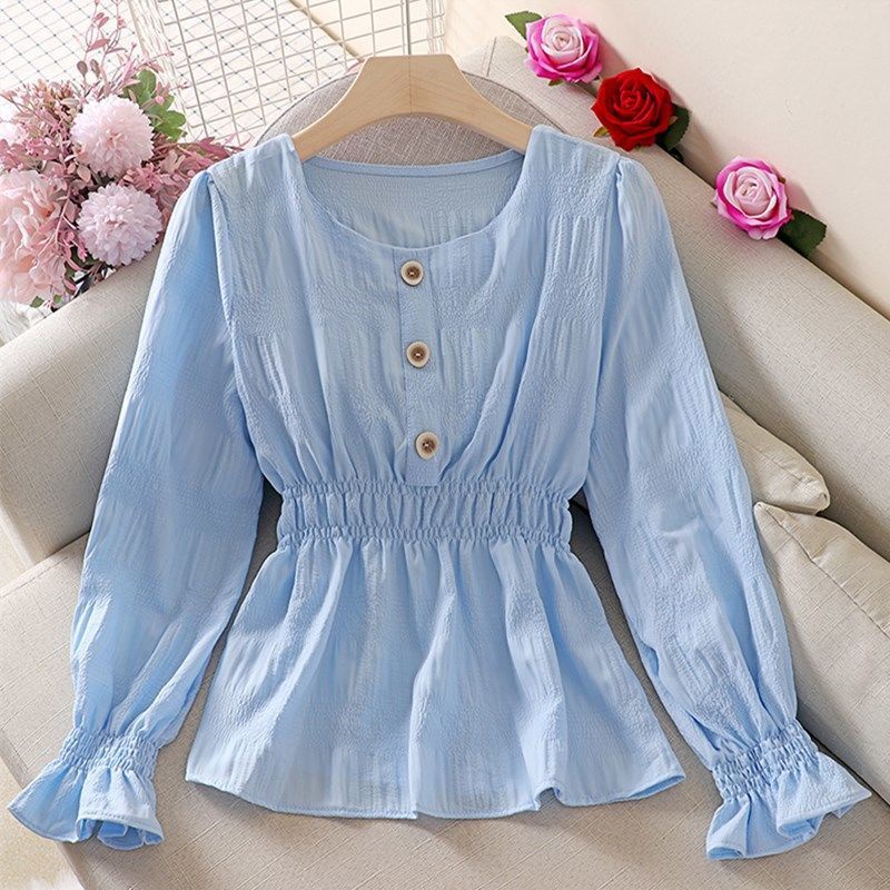 Candy color Elegant Ruffle Elastic Waist Blouse Women Top Korean Style Women  Blouse Long-sleeved Flared Sleeve