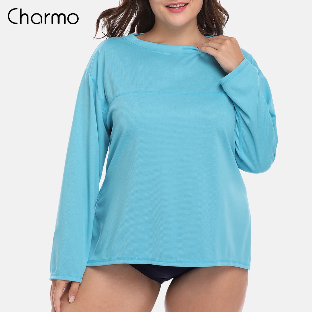 Charmo Women Long Rashguard Swimsuit Shirts UPF 50+ Womens Plus Size  Swimwear UV-Protection Rash Guard Beach Wear