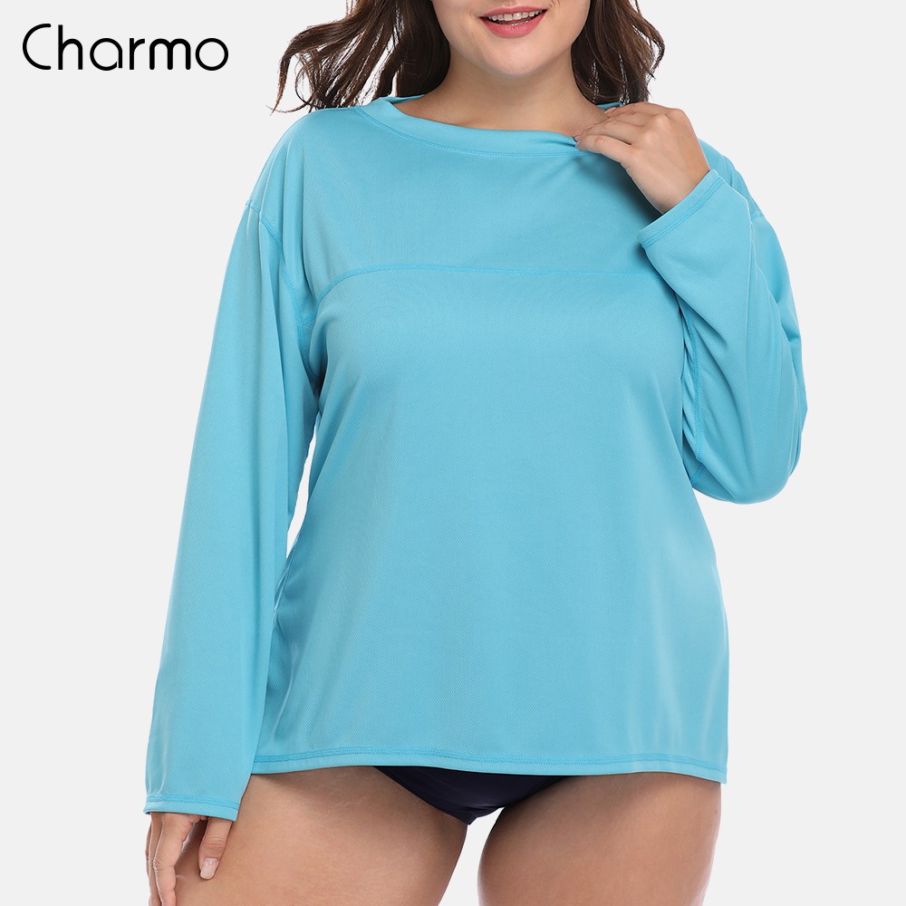 Charmo Women Rashguard Top Long Sleeve Swimsuit UV-Protection UPF 50+  Beachwear Baju T Shirt Black