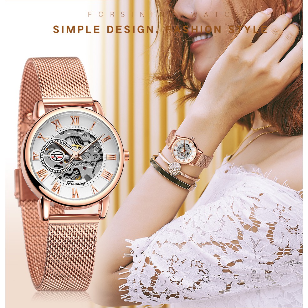 Free Box Forsining Women s Watch Rose Gold Stailess Steel Case Skeleton Womens Mechanical Watch Ladies Automatic Wrist Watch