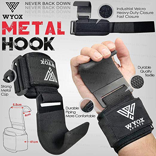 WYOX Sports Heavy Duty Weight Lifting Hooks with Wrist Straps for Pull-ups  - Power Lift - Deadlift - Weightlifting Grips and Gym Workout Gloves for  Men & Women (Black, Flat Hook (One