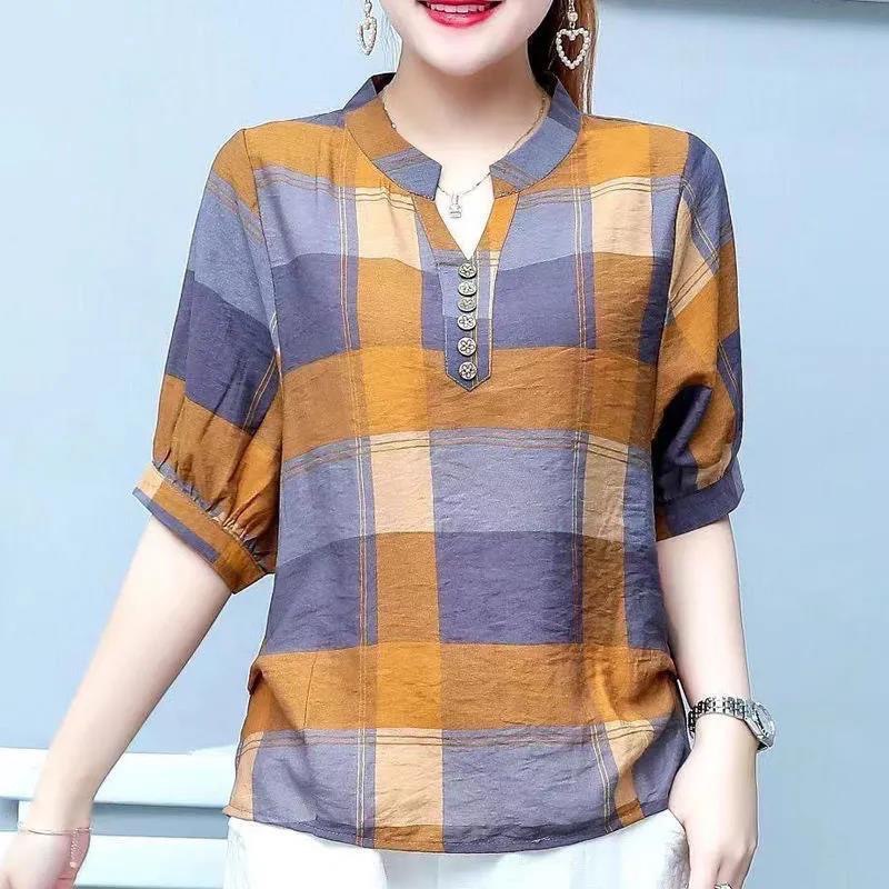 Womens Long Sleeve Shirt T Shirt Blouse Plaid V Neck Casual Loose Plus Size  Tops