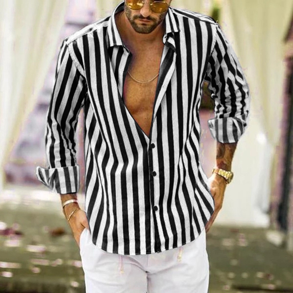 Men Vertical Striped Shirt Striped Slim Fit Long Sleeve Casual Button Down  Dress Shirts Mens Shirts camisas hombre-i
