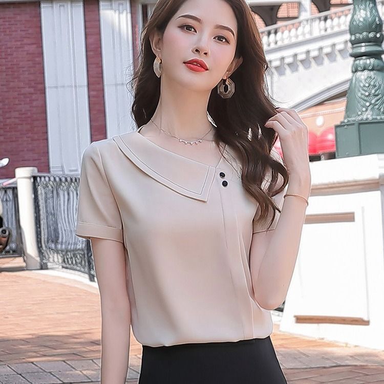 Tops Blouse Shirt Female White Chiffon Short sleeved Korean Version Loose Summer Fashion Foreign V neck Design Shopee Malaysia