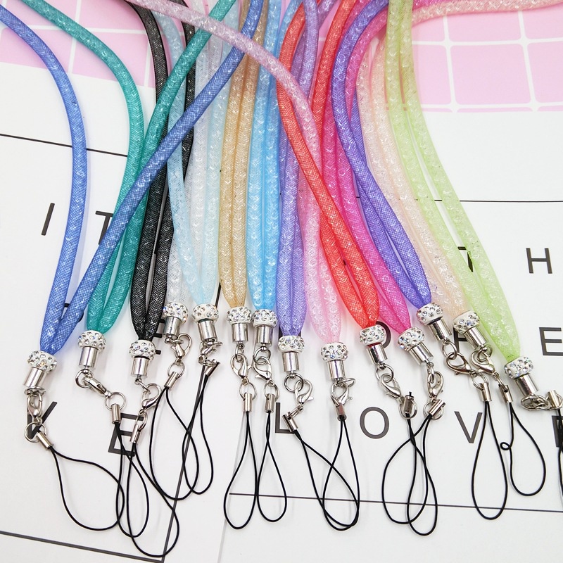 Long Rhinestone fishing net lanyard flash drill mobile phone