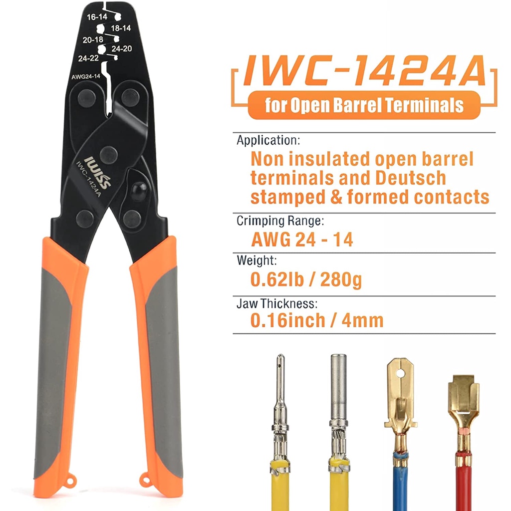 IWS-16 Non Insulated Terminal Crimper, AWG 22-6 Ratchet Wire Crimper Tool  for Battery Cable Terminal, Copper Butt Connector, Splice Wire Connectors