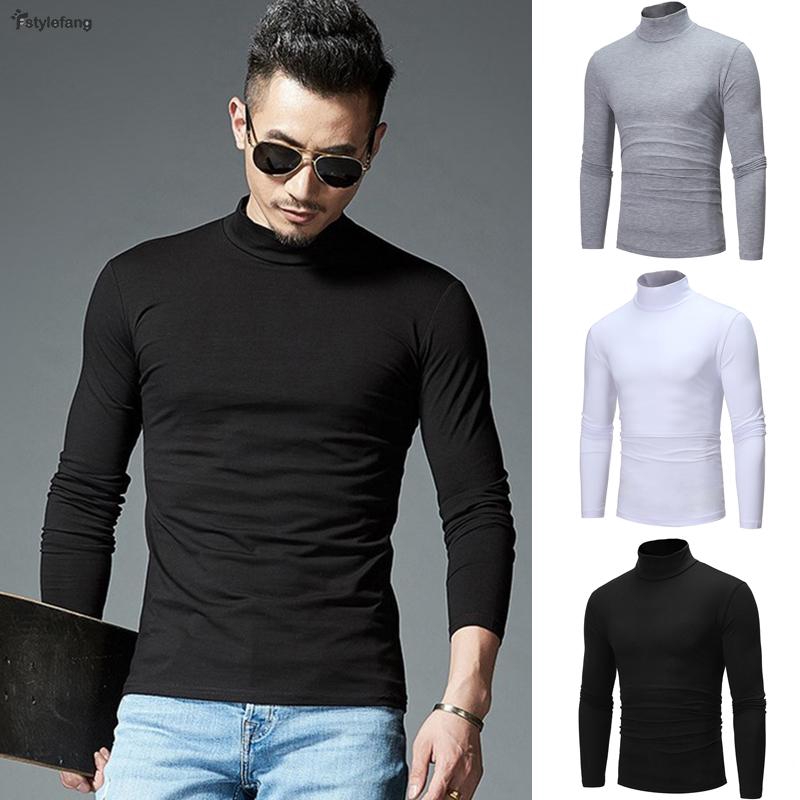 Men Male Shirt Solid Blouse Jumper Shirts Pullover T-Shirt High neck Basic  Slim fit Turtleneck Long Sleeve New