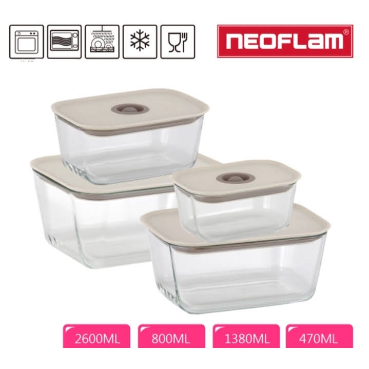 Set of 4) Neoflam Fika Clik Glass Food Storage Set, Microwave, Oven Safe