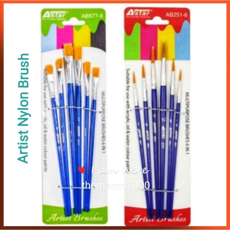 Astar Artist Nylon Brush Set of 6 (Flat / Round) Watercolour brush