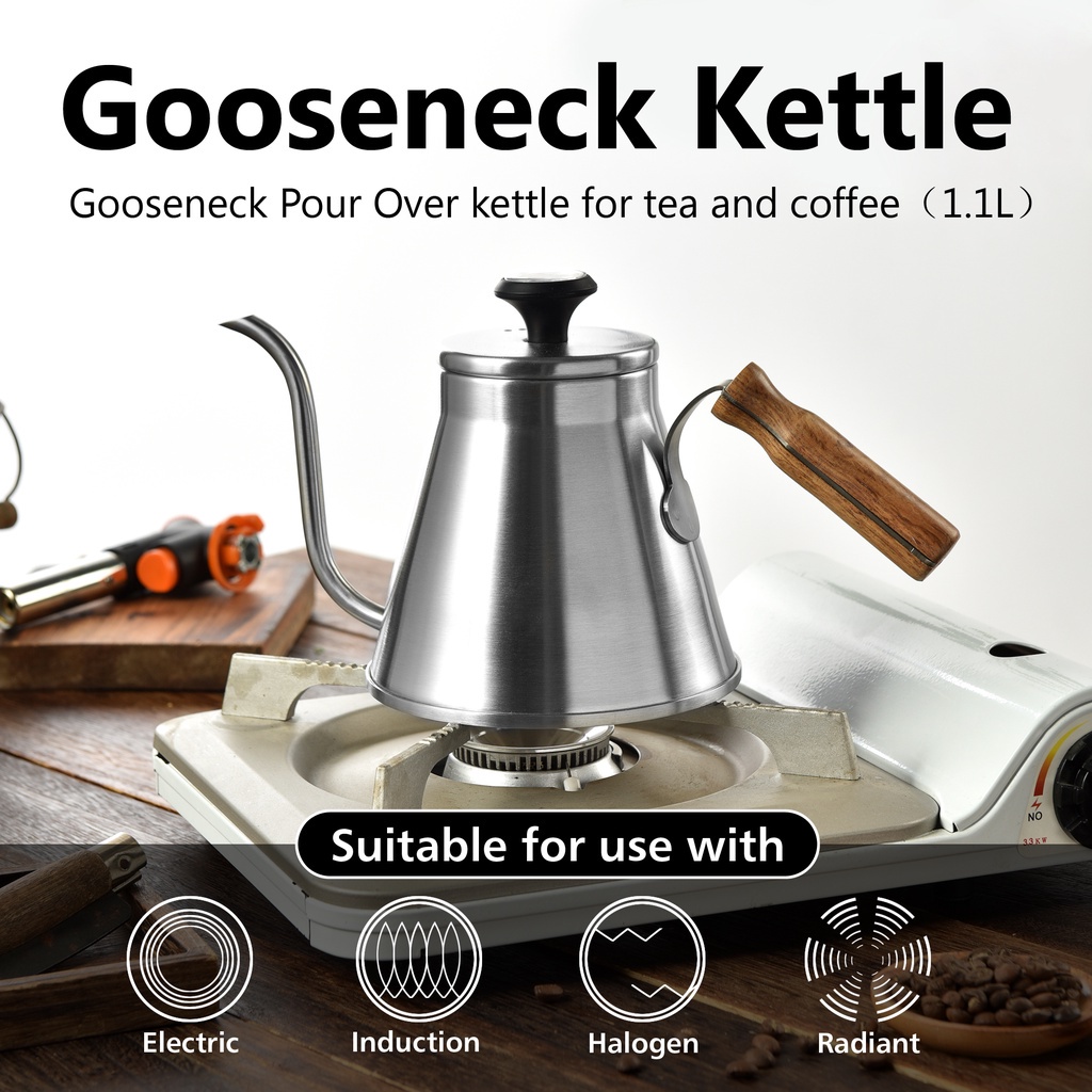 Gooseneck Kettle with Thermometer - Stainless Steel - 37oz 1.1L - Pouring