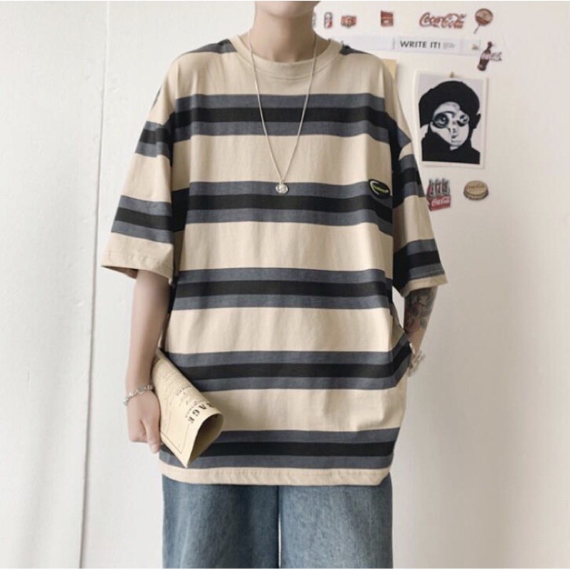 Men t-shirt oversize big stripe black stripe short Korean Round