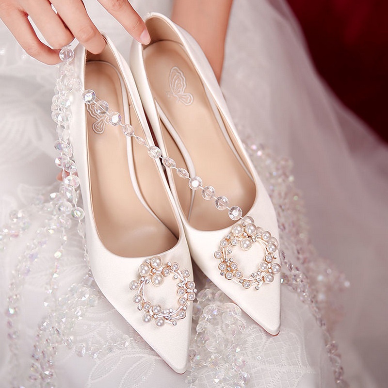 Wedding Shoes Women Bridal Shoes Satin Pearl Rhinestone Pointed