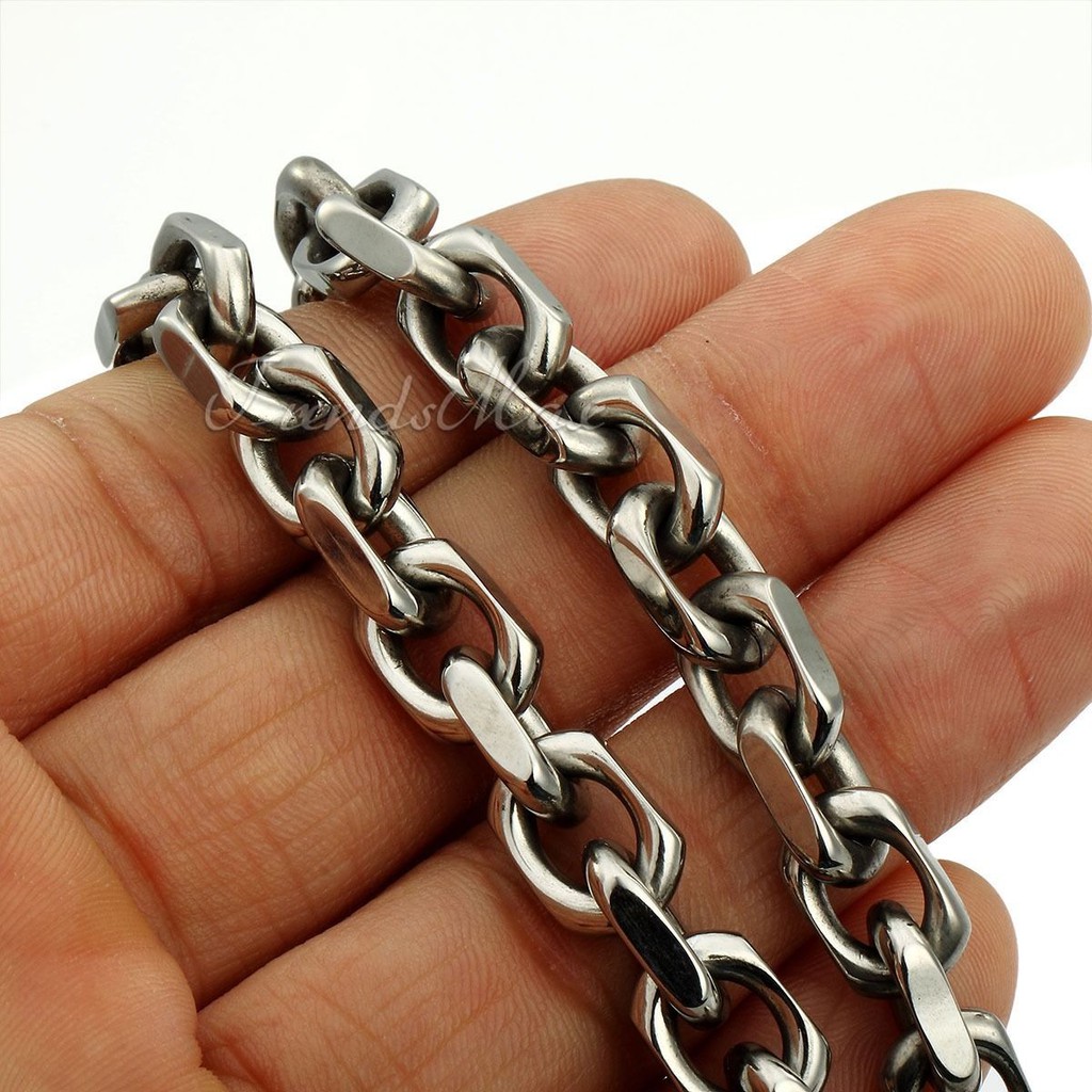 8mm Mens Cable Rolo Link Silver Tone Stainless Steel Necklace Chain 18-30