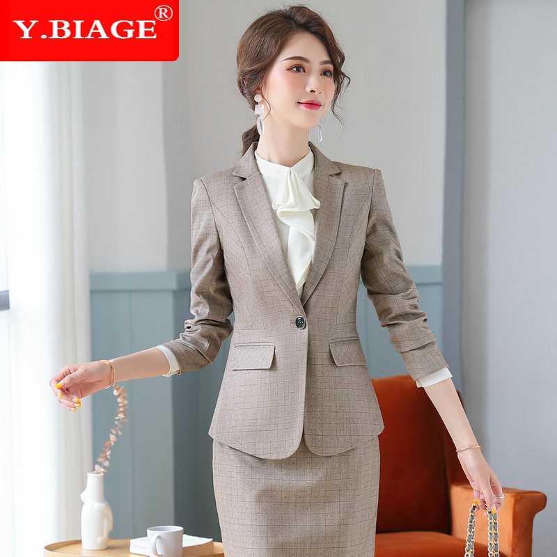 Women Business Work Slim Fit Blazer Office 2 Piece Set Long Skirt