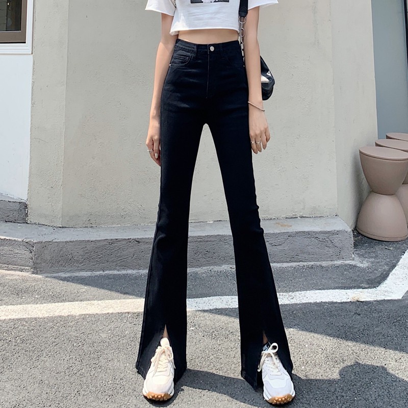 Women High Waist Flare Jeans Black Female Bell Wear Black, 57% OFF