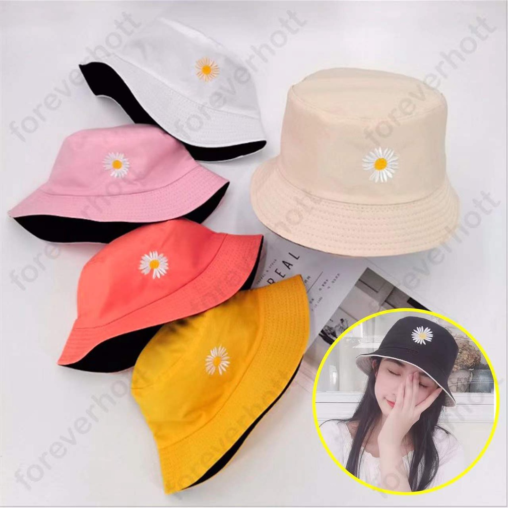 Bucket Hats Summer Fashion Girls Topi Pancing Hat Daisy Embroidery double  sided Fisherman Hat Topi Bulat Bunga