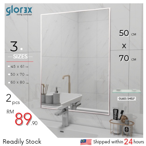 GLOREX)(2pcs) High Quality Aluminium Bathroom Cheap Mirror Safety Film  Mirror Toilet Mirror Vanity Bilik Mandi Cermin