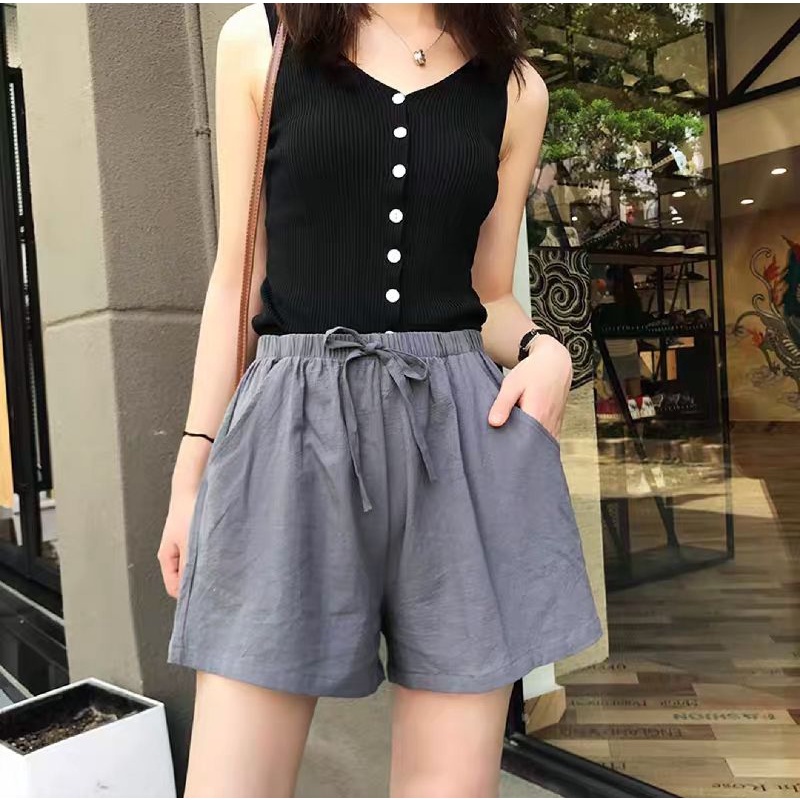 Women Casual Elastic Waist Cotton Linen Look Wide Leg Pants Summer