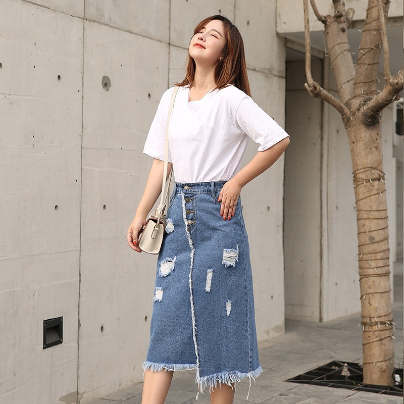 Plus Size S-8XL Women Denim Skirt Casual Fashion Spring Summer Autumn  Ripped Pencil Jean Skirts Blue