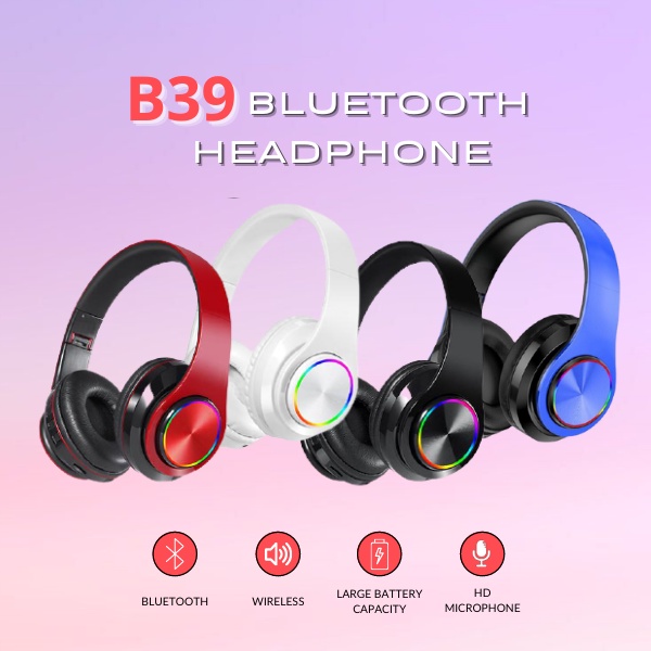 Ready Stock B39 Wireless Headset Bluetooth 5.0 Colorful LED Bass