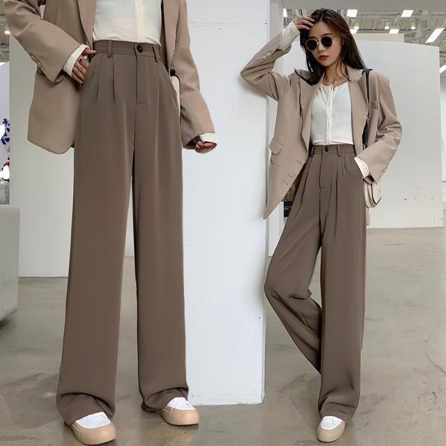Women Korean Causal Long Pants Loose Wide Leg Plain High Waist Trousers,  Women's Fashion, Bottoms, Other Bottoms on Carousell