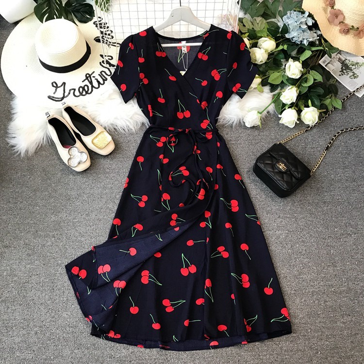 05 Summer Cherry V Neck Wrap Waist Midi Dress | Shopee Malaysia