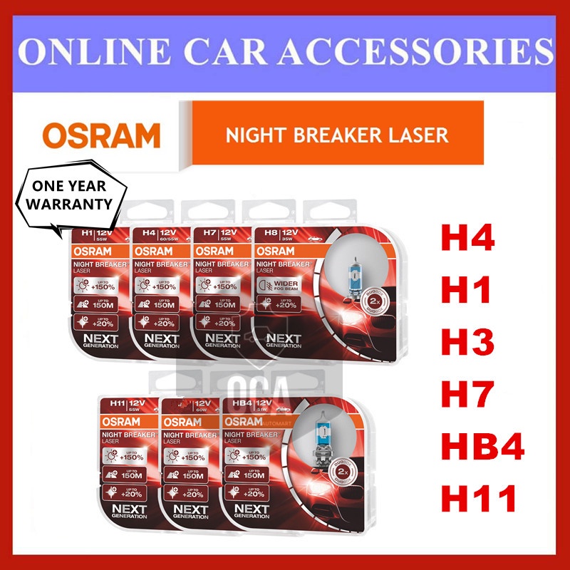 1 Year Warranty)Original Osram Night Breaker Laser + 150% / 200% Brighter  Bulb - H1 H4 H7 H3 H11 HB4 (Colour Yellow)