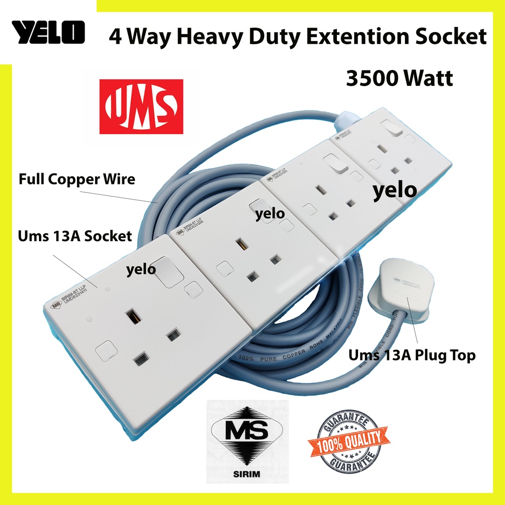 Heavy Duty Extension Wire Extension Plug FULL COPPER WIRE 3 / 4 / 5 Way  2500Watt / 3500 Watt