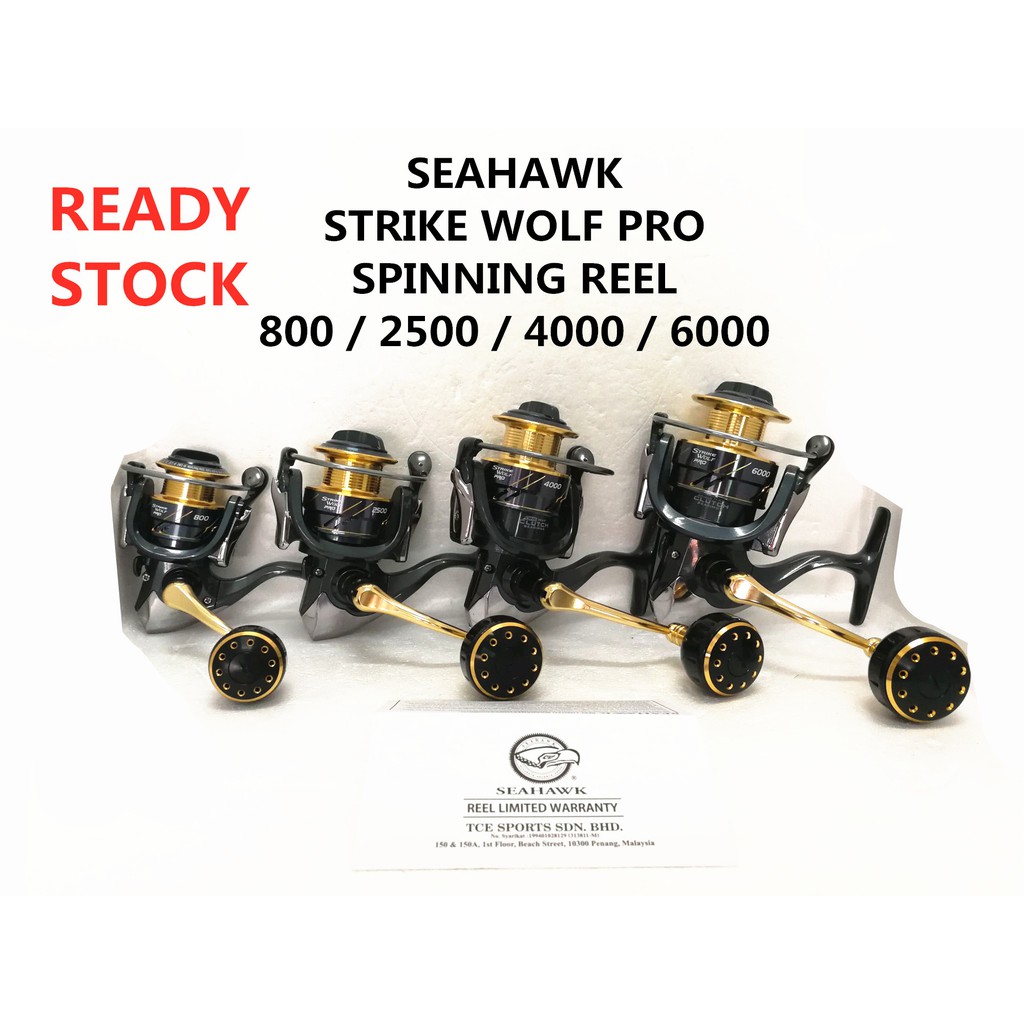 EDDY Fishing Tackle Shop - SEAHAWK STRIKE WOLF PRO SPINNING REEL SIZE :  800, 2500, 4000, ✓CNC Aluminium Spool ✓One-way Clutch Ball Bearing Anti  Twist Line Roller ✓Screw-In CNC Aluminium Handle with