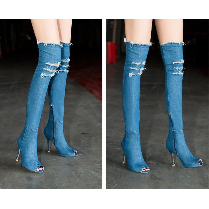 Denim over the hot sale knee peep toe boots