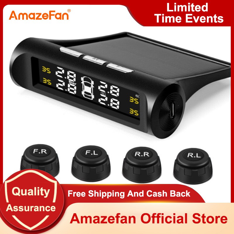 AmazeFan Smart Car TPMS Tire Pressure Monitoring System Solar Power Digital  TMPS LCD Display USB Auto Security Alarm Tire Pressure Sensor