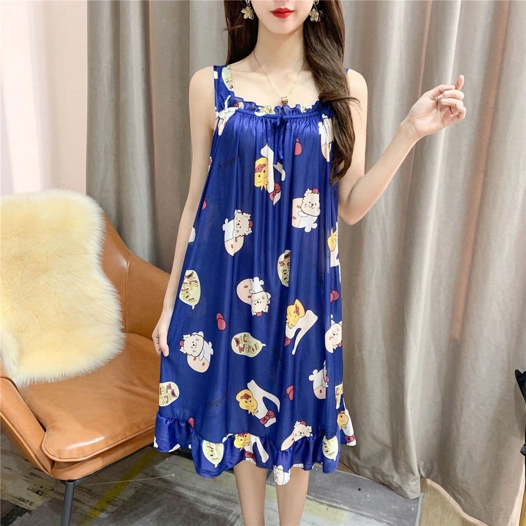 Women Ice Silk Satin Sleepwear Nightgown Loose Sleeping Dresses