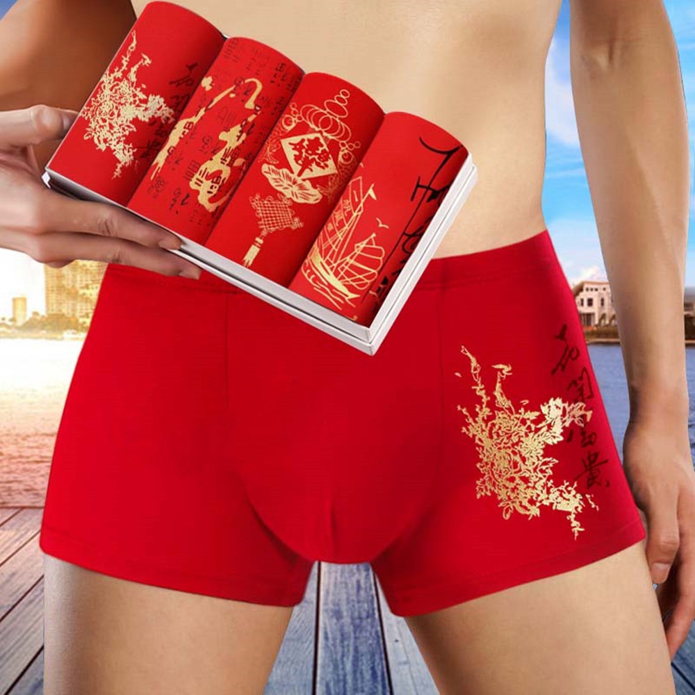 4 Pcs Microfiber Men Boxer Trunks Chili Red Underwear for CNY