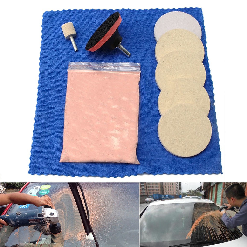 100g Glass Scratch Remover Glass Polishing Kit Oxide Powder Windshield  Polishing Kit Wool Polishing Pad Polishing Disc Wheels Set Car Windscreen