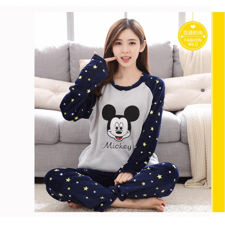 Mickey Mouse Blue Star Women Long Sleeve Sleepwear Nightwear 2Pcs