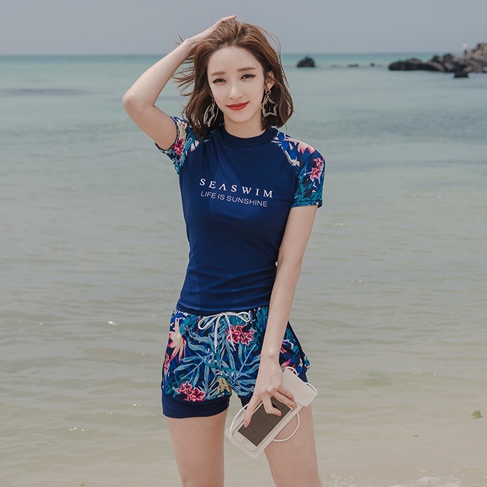 Women Short Sleeve Korean Fashion Swimming Suit Shorts Black Swim Wear Blue  Swimsuit Surf Beachwear