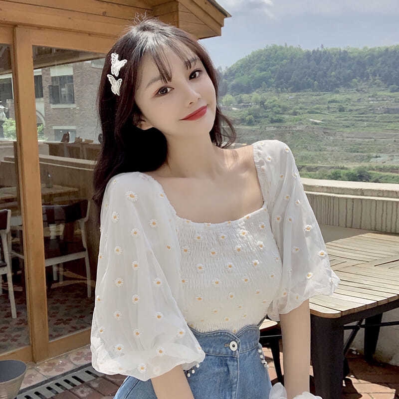 Summer New Korea Fashion Women Square Neck Floral Short Blouse Sweet Bubble  Sleeve Crop Top