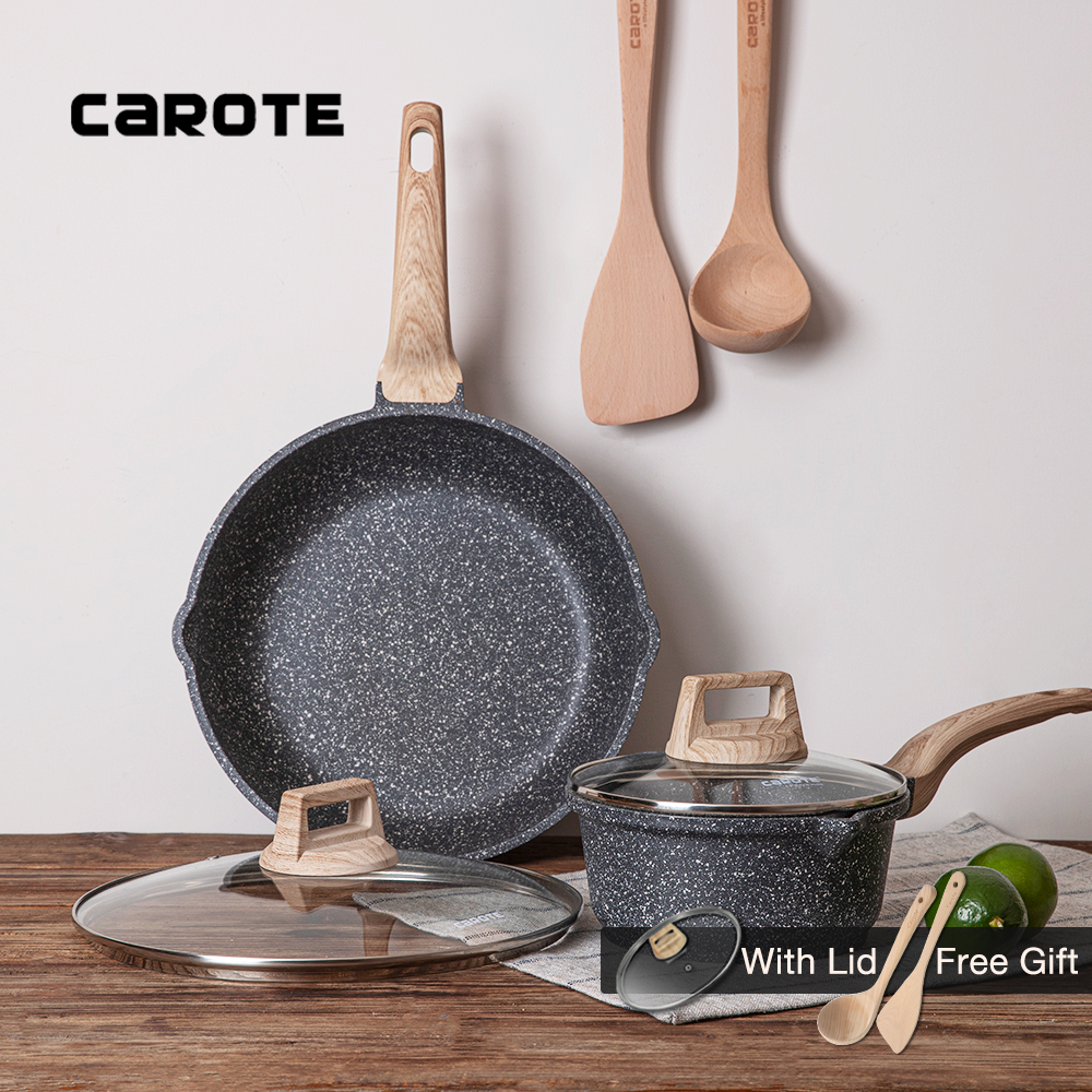Carote New Design Non Stick Frying Pan Die Aluminum Cookware Set Wok Pan  with Spouts and Glass Lid Marble