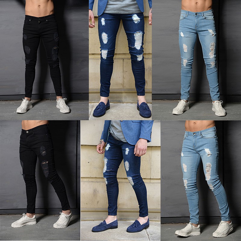 Casual Mens Skinny Ripped Jeans Super Stretch Denim Distressed White Slim  Fit 
