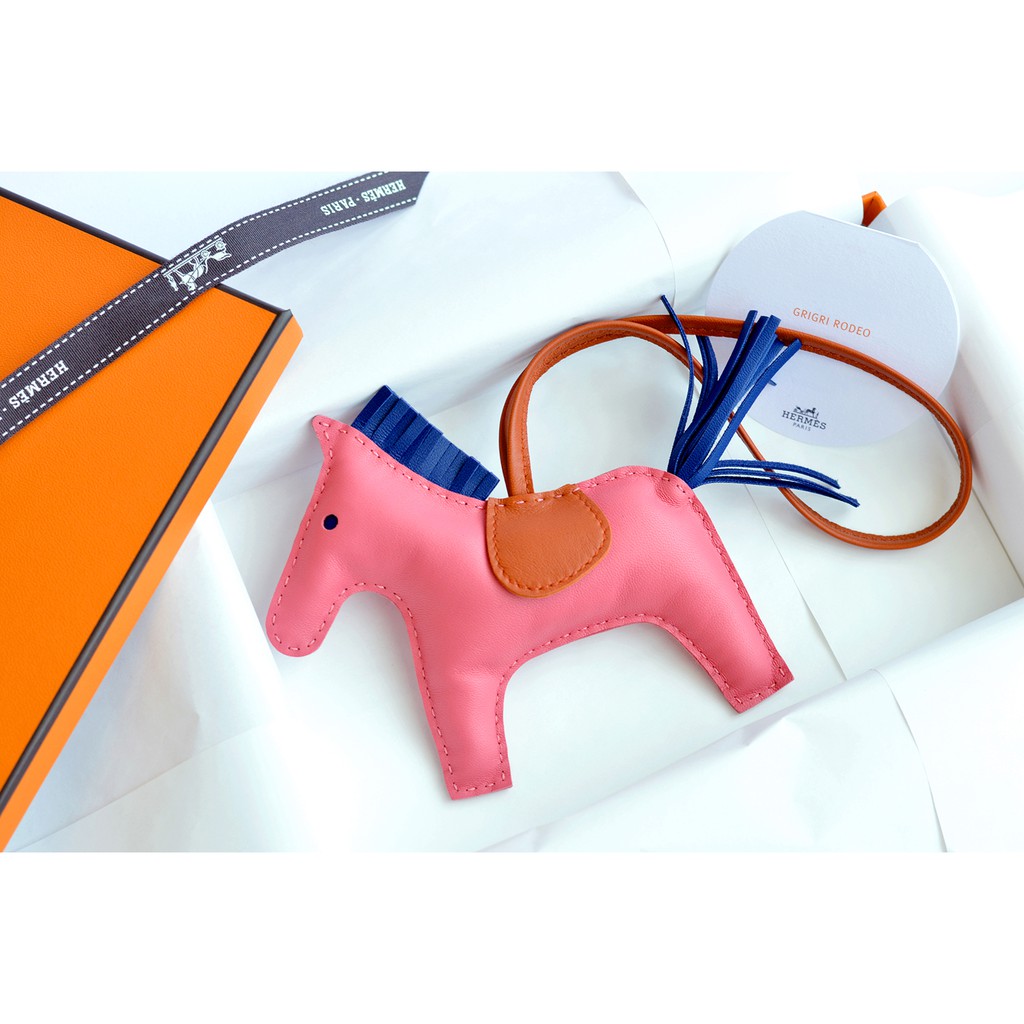 New Hermes Rodeo GM Horse Charm Milo Lambskin Rose Azalee Orange Poppy Pink